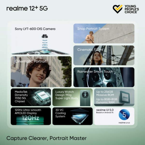 Представлен смартфон-середнячок Realme 12+ 5G с Dimensity 7050, 50-Мп камерой и 67-Вт зарядкой
