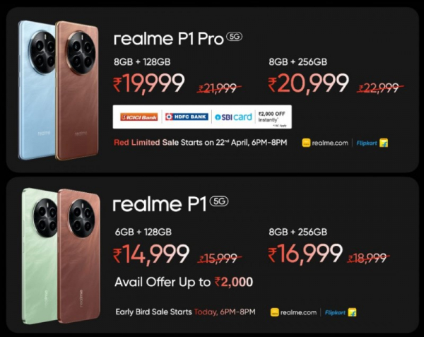 Представлены Realme P1 и P1 Pro — смартфоны среднего уровня с AMOLED-дисплеями и 50-Мп камерами