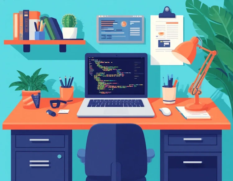 Плоский дизайн рабочего стола программиста с ноутбуком (2)